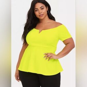 NWT Torrid Neon Yellow Scuba Off-Shoulder V Bar Peplum Top Plus Size 4x